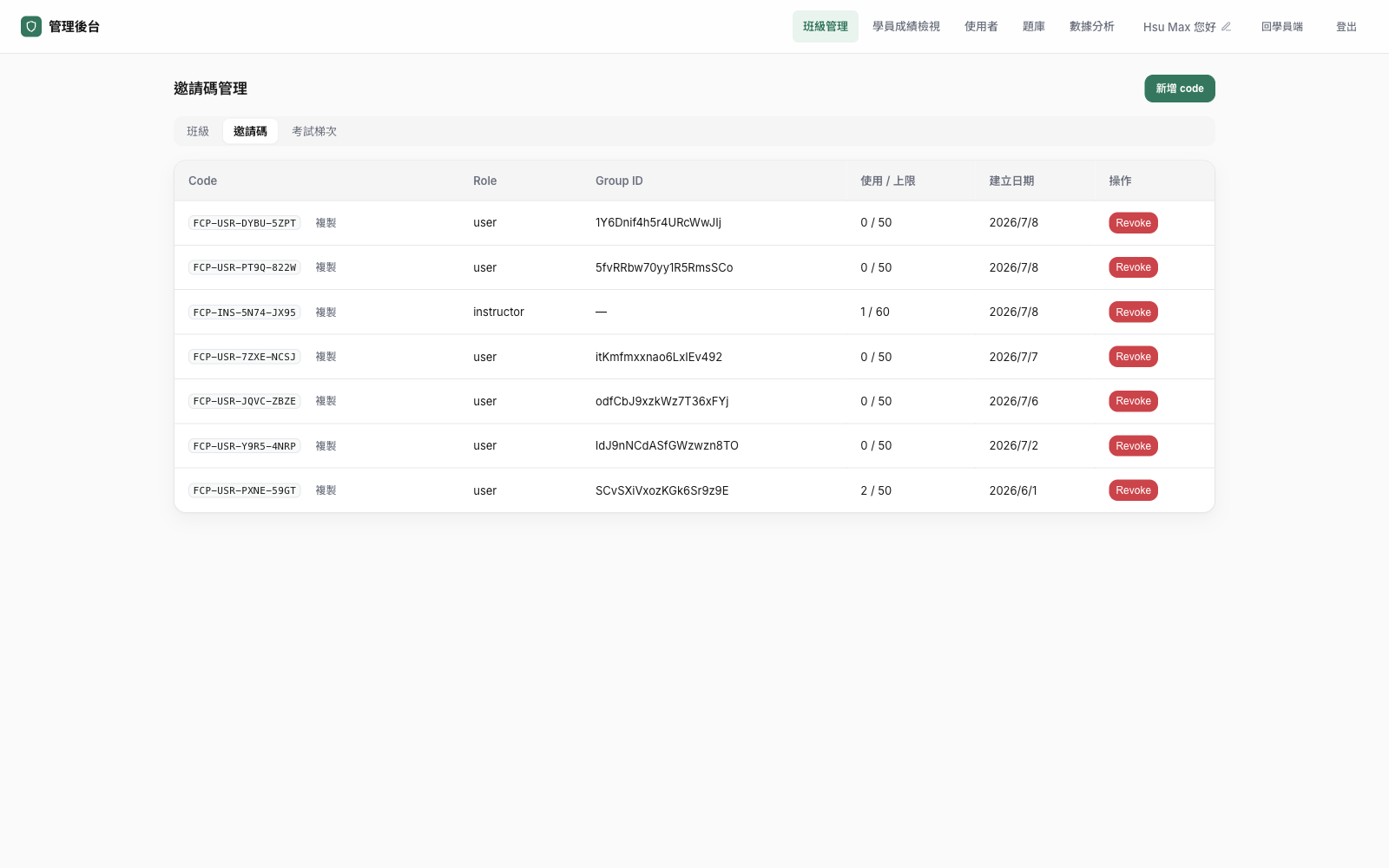 第 2 層 · 邀請碼管理 — 碼綁班級 ID、使用／上限、Revoke